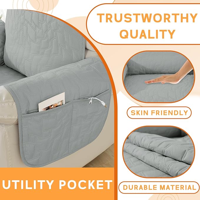 XINEAGE 100% Waterproof Recliner Chair Covers with Elastic Straps, Nonslip Reclining Couch Covers Washable Recliner Couch Cover with Pockets Furniture Protector for Pets Dogs (Light Gray, 23")