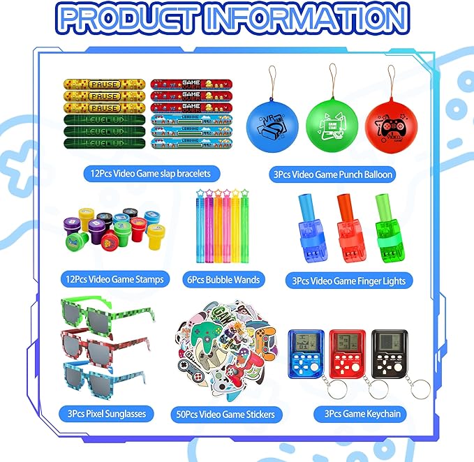 Video Game Party Favors, Gaming Birthday Party Supplies with Mini Game Player Pixel Sunglasses Finger Lights Slap Bracelet Punch Balloon Stamp Bubble Wand 92pcs Birthday Party Favors for Kids