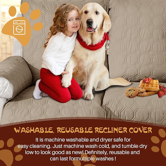 XINEAGE 100% Waterproof Recliner Chair Cover, Non Slip Covers for Recliner Chair with Pocket, Washable Dog Recliner Couch Cover with Elastic Straps (Light Coffee, 22")