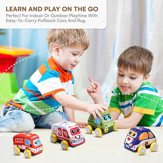 Childlike Behavior Cloth Pullback Cars for Toddlers - 4-Piece Soft Cloth Cars with 1 Street Rug Set (27.5'' x 27.5'')