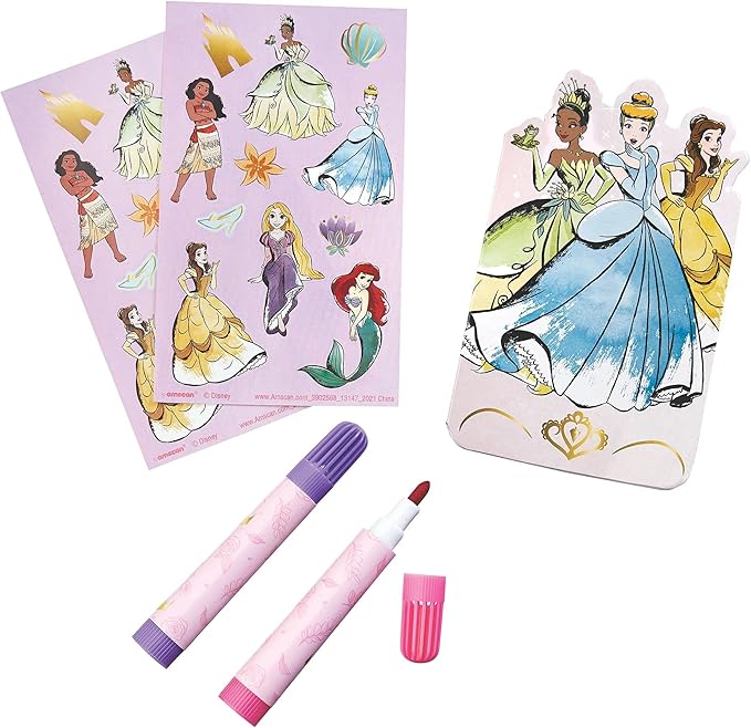 Stationery Set (5" x 3") - Pack of 5 - Colorful Gluebound Notebook, 2 Sticker Sheets & 2 Markers for Kids, Creative & Fun Learning, Disney Princess