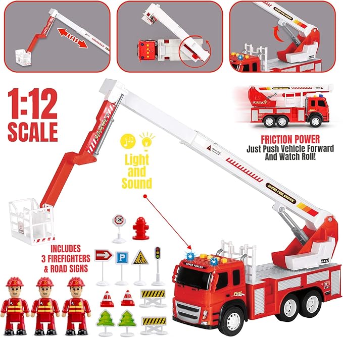 Fire Truck Playset - 1:12 Scale Large Size Toys 3 Firemen, 3 Year 3 4 5