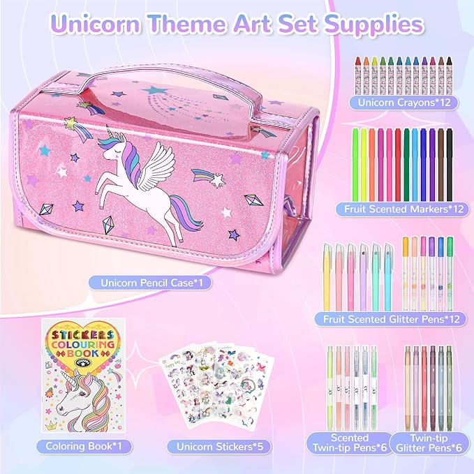 Washable Scented Markers Set for Kids - Unicorn Coloring Art Supplies Set for Kids Ages 4-8 Bithday Gifts for 4-8 Year Old girls Unicorn Pencil Case 54 PCS
