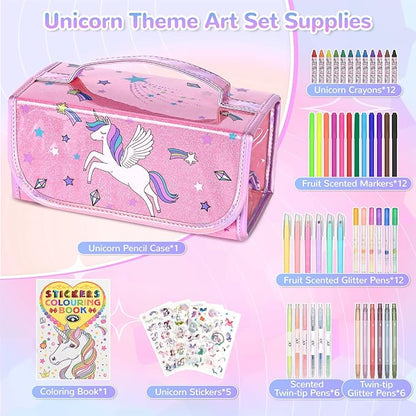 Washable Scented Markers Set for Kids - Unicorn Coloring Art Supplies Set for Kids Ages 4-8 Bithday Gifts for 4-8 Year Old girls Unicorn Pencil Case 54 PCS