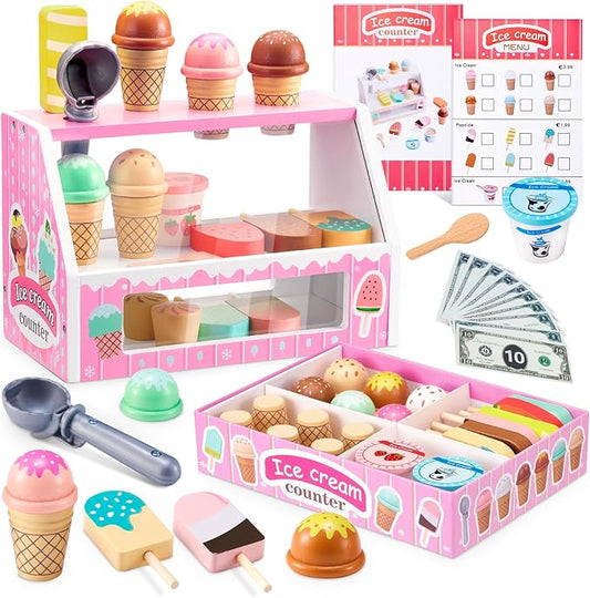 WHOHOLL Wooden Ice Cream Counter Playset for Toddler Girl Toys, Play Store Pretend Toy Food Play Kitchen Accessories with Fake Money & Coin, Gifts for 3+ Year-Old Kids (Pink)