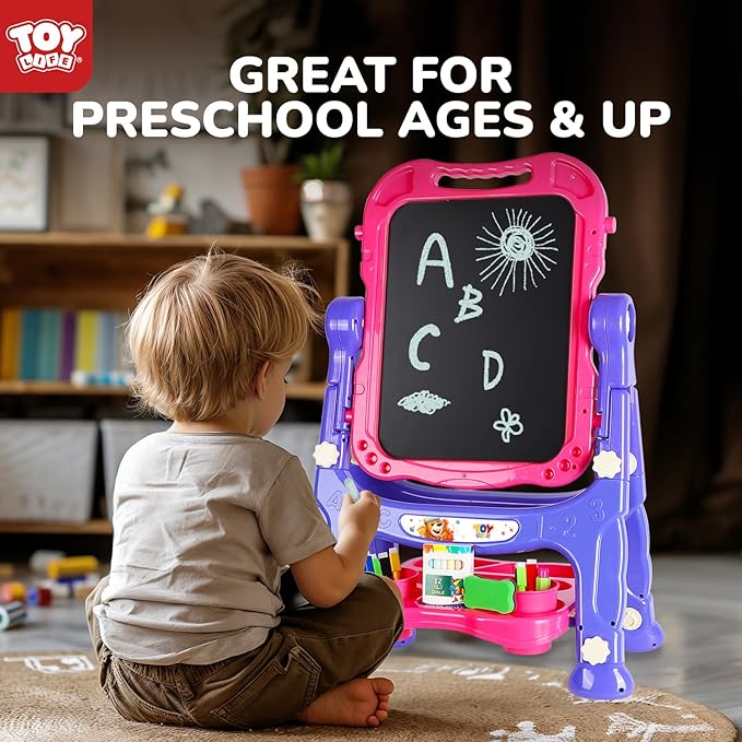 STEAM Life Art Easel for Kids, Double-Sided 4In1 Toddler Easel with Rotable Magnetic Chalkboard & White Drawing Board, Height Adjustable with Magnetic Letters & Numbers Gifts for Boys and Girls