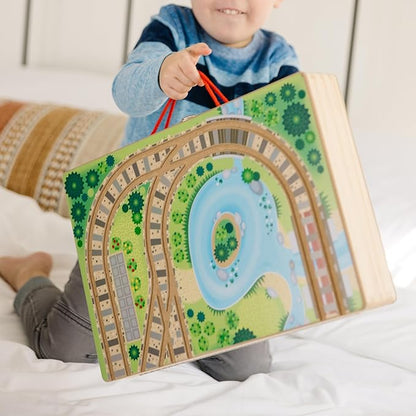 Melissa & Doug 17-Piece Wooden Take-Along Tabletop Railroad, 3 Trains, Truck, Play Pieces, Bridge - FSC Certified