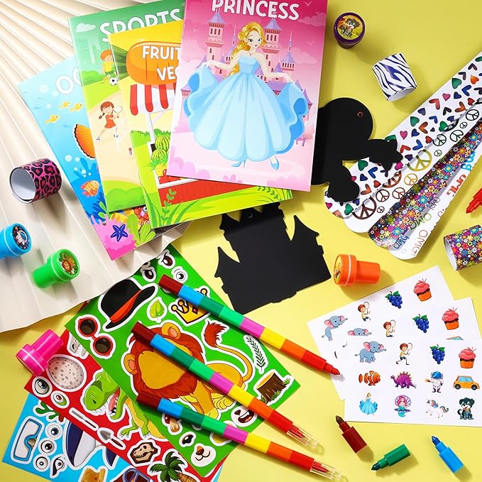 BenLouis 96Pcs Kids Party Favors Mini Coloring Books Crayon Slap Bracelets Stickers Set Bulk for Kids 4-8-12 Classroom Birthday Gifts Goodie Bags Pinata Stuffers School Rewards Crafts Supplies