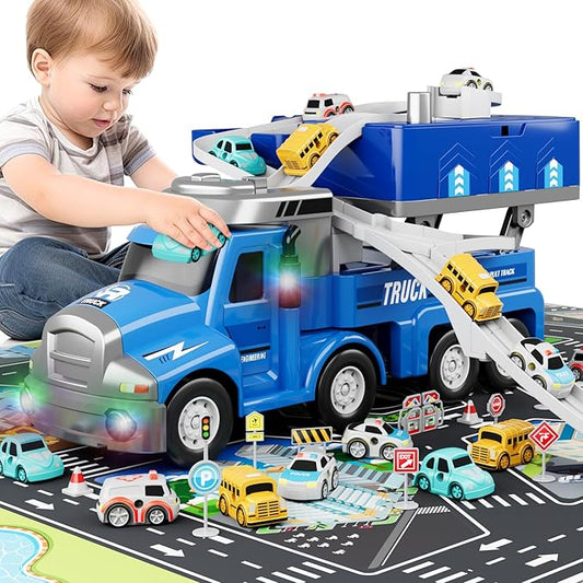 Dwi Dowellin Truck Toys for Kids 3 4 5 6 Years Old, Vehicle Toys for Kids with 4 City Cars and Playmat 3-5 (Blue)
