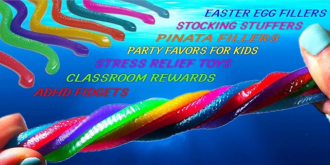 UpBrands 96 Stretchy Snakes Toys 6 Inches Bulk Set, 8 Glitter Colors, Kit for Birthday Party Favors for Kids, Goodie Bags, Easter Egg Basket Stuffers, Pinata Filler, Small Classroom Prizes