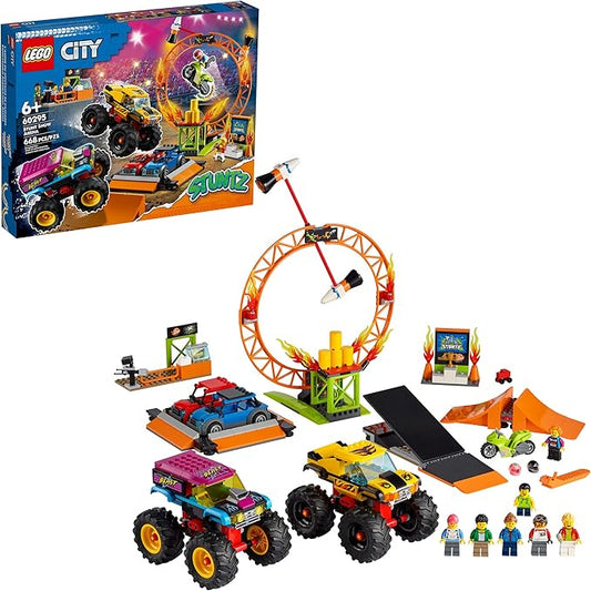 LEGO City Stunt Show Arena 60295 Building Toy Set with 2 Monster Trucks, 2 Collapsible Cars, a Flywheel-Powered Stunt Bike, Launch Ramps, Ring of fire and 6 Minifigures