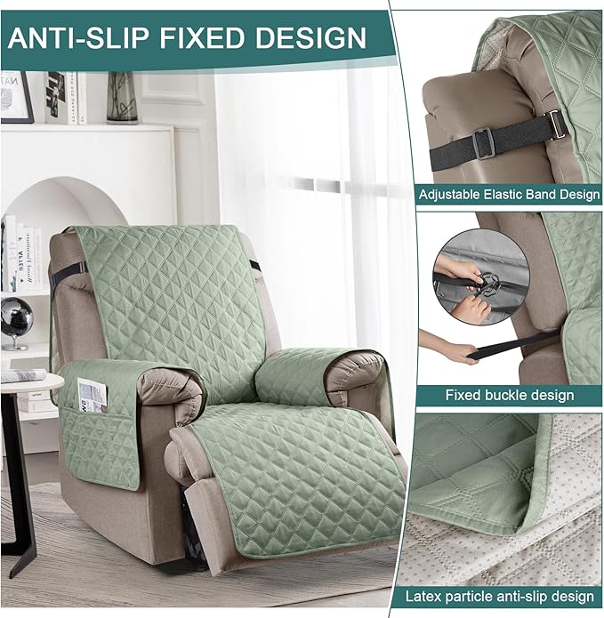 Ruaozz 100% Waterproof Recliner Chair Cover Non-Slip Oversized Reclining Cover for Large Recliner Chair Washable Chair Seat Cover with Elastic Straps for Kids, Dogs, Pets (Sage Green, 28'')