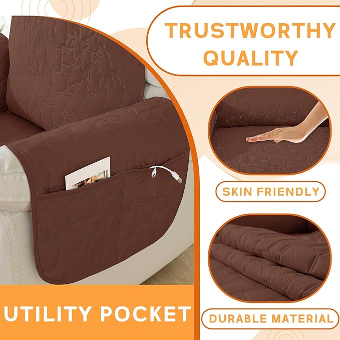XINEAGE 100% Waterproof Recliner Chair Covers with Elastic Straps, Nonslip Reclining Couch Covers Washable Recliner Couch Cover with Pockets Furniture Protector for Pets Dogs (Coffee, 30")