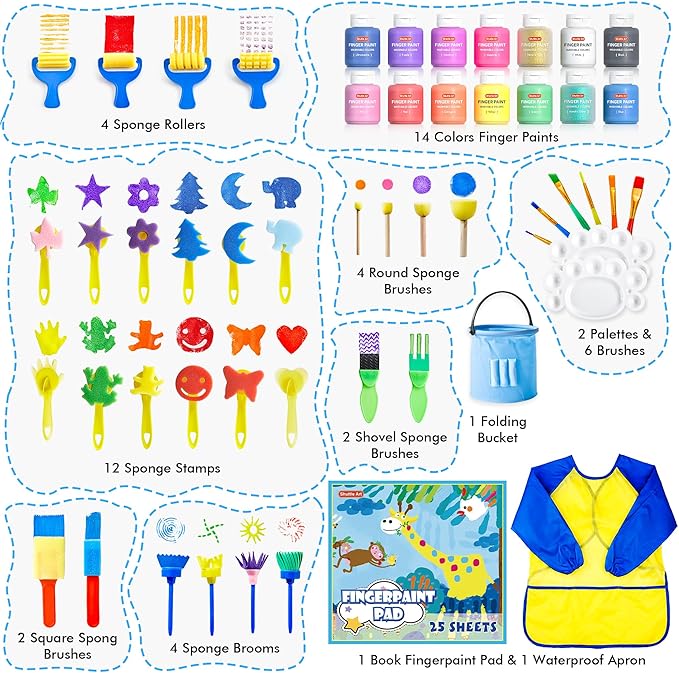 Washable Finger Paint Set, Shuttle Art 46 Pack Kids Paint Set with 14 Colors(60ml) Finger Paints, Brushes, Finger Paint Pad, Sponge, Palette, Smock, NonToxic for Toddlers Home Activity Early Education