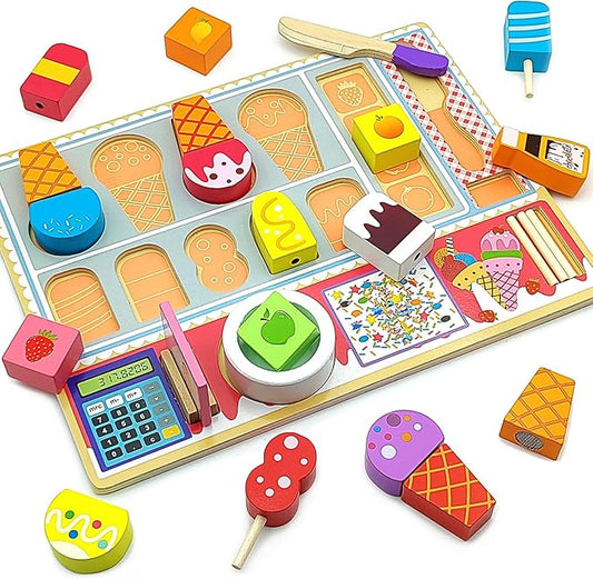 Wooden Play Food Sets for Kids Ice Cream Toys Pretend Food Accessories Early Education Toys for 3+ Years Old Girls and Boys Gifts (Ice Cream Shop)