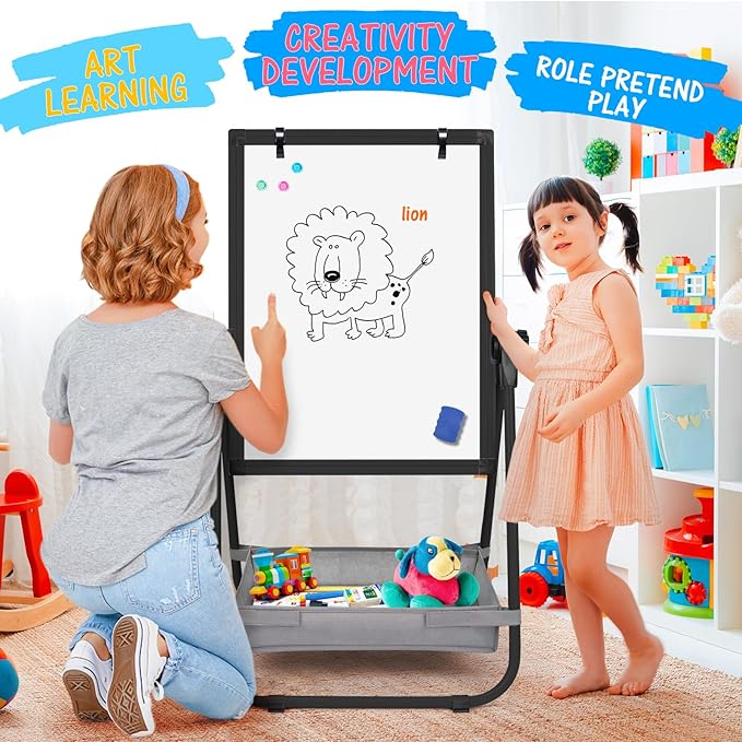 WEYOUNG Easel for Kids Easel for Toddlers, Adjustable Standingg Metal Toddler Easels Whiteboard & Chalkboard for Kids, Magnetic Art Easel for Kids Age 2-4 4-8 9-12, Black