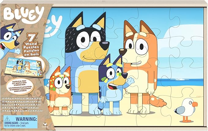 Bluey, 7 Wood Puzzles Jigsaw Bundle 12-Piece 16-Piece 24-Piece Easy Cartoon Disney Jr. Show with Storage Tray, for Kids Ages 4 and up
