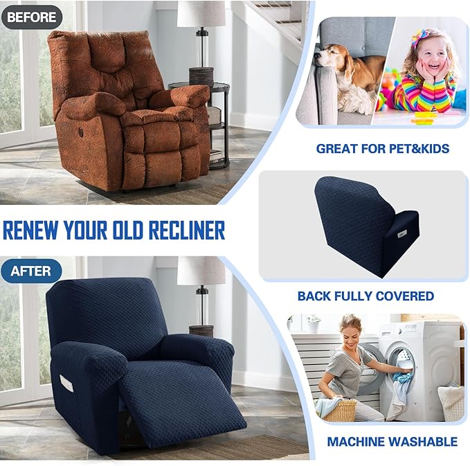 MAXIJIN Recliner Cover Slipcovers for Living Room 4 Pieces Stretch Jacquard Recliner Chair Cover Soft Fitted Recliner Protector with Elastic Bottom for Kids, Pets (Recliner, Navy Blue)