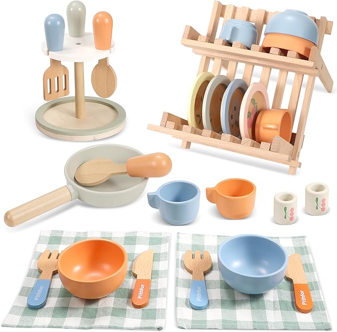 Wooden Play Cookware Set, Pretend Play Kitchen Accessories Toys Set for Kids Toddlers, Including Play Dishes, Pan, Tableware, Utensils