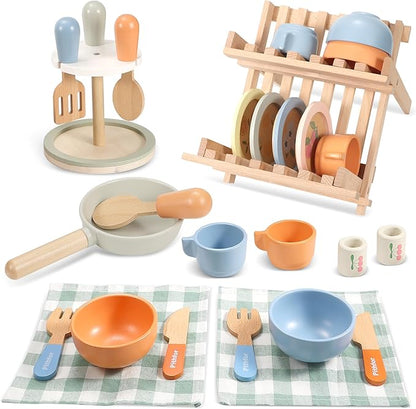 Wooden Play Cookware Set, Pretend Play Kitchen Accessories Toys Set for Kids Toddlers, Including Play Dishes, Pan, Tableware, Utensils