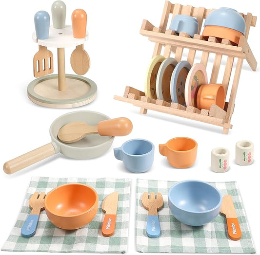 Wooden Play Cookware Set, Pretend Play Kitchen Accessories Toys Set for Kids Toddlers, Including Play Dishes, Pan, Tableware, Utensils