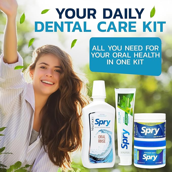 Spry Total Dental Health Kit, All Day Oral Care and Gum Health Kit Including Spry Xylitol Sugar Free Gum, Xylitol Sugar Free Candy Mints, Xylitol Oral Rinse and Spearmint Toothpaste with Xylitol