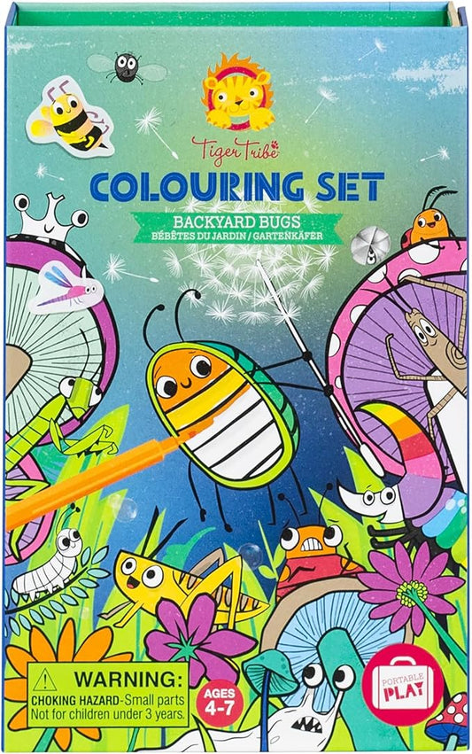 Tiger Tribe: Coloring Set - Backyard Bugs - All-in-1, Stickers & Markers, Cute Garden Critters, Magnetic Sealed Storage Box for Travel, Kids Ages 5+