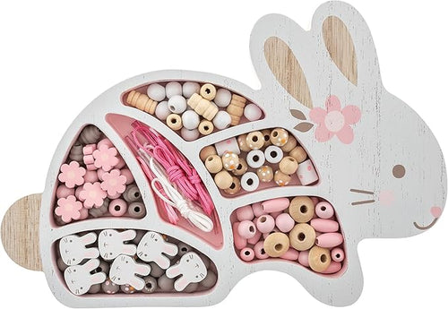 Stephen Joseph, Wooden Bead Kit for Kids, 125 Wooden Beads with 4 Necklace and 4 Bracelet Cords with Reusable Wooden Tray, Premium Wood Jewelry Making Kit for Kids, Bunny