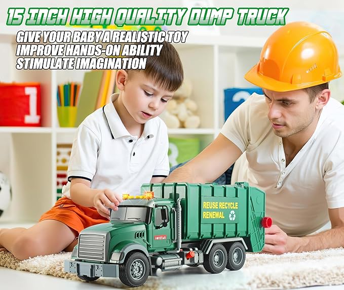 15" Garbage Truck Toy,Dump Friction Powered Waste Management Recycling Trash Truck with Lights &Sounds 3 Trash 3 +