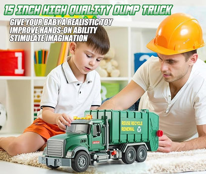 15" Garbage Truck Toy,Dump Friction Powered Waste Management Recycling Trash Truck with Lights &Sounds 3 Trash 3 +