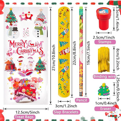 360 Pieces Christmas Stationery Party Favors Bulk: Christmas Pencil Eraser Slap Bracelets Stamps Treat Bags for Kids Classroom Gift Exchange School Games Prizes Reward Prizes Carnival Events