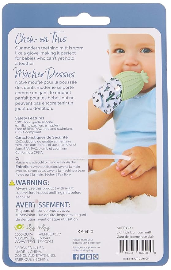 Itzy Ritzy Silicone Teething Mitt - Soothing Infant Teething Mitten w/Adjustable Strap, Crinkle Sound 3 Mos