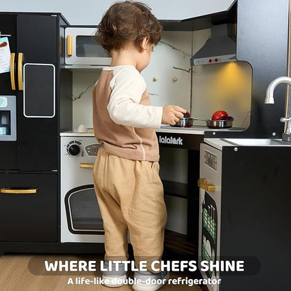 Wooden Corner Kitchen for Toddlers, Pretend Play Playset with Fake Food Toys, Real Lights & Sounds, Double-Door Fridge, Ice Maker & Cookware Accessories, Play Kitchen Set for Kids, Gift for Ages 3+