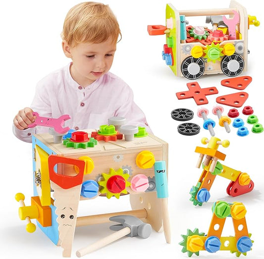SYNCFUN Kids Tool Set, 51 PCS Wooden Educational Tools for Boys and Girls, Montessori Toys for 3 4 5 6 Year Old, Learning and Construction Toys for Toddlers, Christmas Birthday Gift