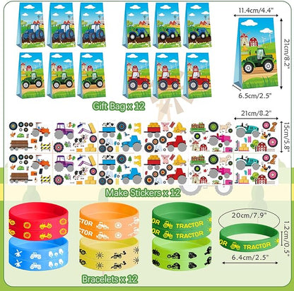 Tractor Party Favors - Farm Tractor Theme Birthday Party Supplies Decorations, Gift Bags, Slap Bracelets, Rubber Bracelets, Tattoo Stickers, Button Pin, DIY Stickers for Boys Girls Kids Party Favor