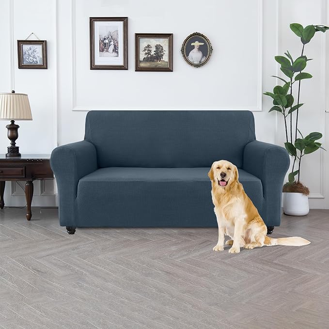 100% Waterproof Jacquard Fabric Couch Cover, Dual Layer with TPU Film, Leakproof High Elasticity Non-Slip Washable Furniture Protector for Pets, Dogs, Cats and Kids (Loveseat,Berlin Blue)