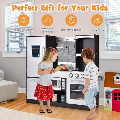 Costzon Kids Kitchen Playset, Wooden Toddler Kitchen Toy Set with Realistic Sound, Microwave, Oven, Refrigerator, Chalkboard & Towel Rack, Pretend Play Kitchen, Gift for Boys Girls (Coffee)