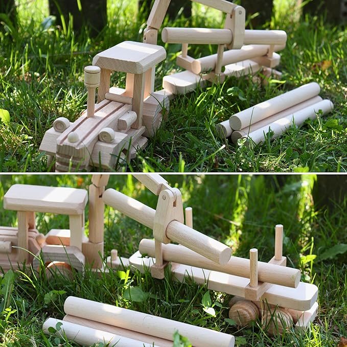 Wooden Logging Tractor Toy with Realistic Shape, Wooden Toy Truck with Trail & Cargo - Eco-Friendly Wood Toy for Kids Age 3 Years Old - Preschool Educational Game