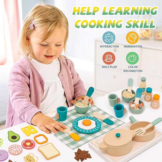 Wooden Play Cooking Set, Kids Pretend Play Kitchen Accessories Toys Set, Includes Play Plates, Pots, Bowls, Pans, Cutlery, Includes Fake Food, Gift for 3 4 5 Years Old Girls Boys for Birthday