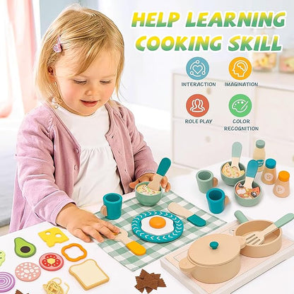 Wooden Play Cooking Set, Kids Pretend Play Kitchen Accessories Toys Set, Includes Play Plates, Pots, Bowls, Pans, Cutlery, Includes Fake Food, Gift for 3 4 5 Years Old Girls Boys for Birthday
