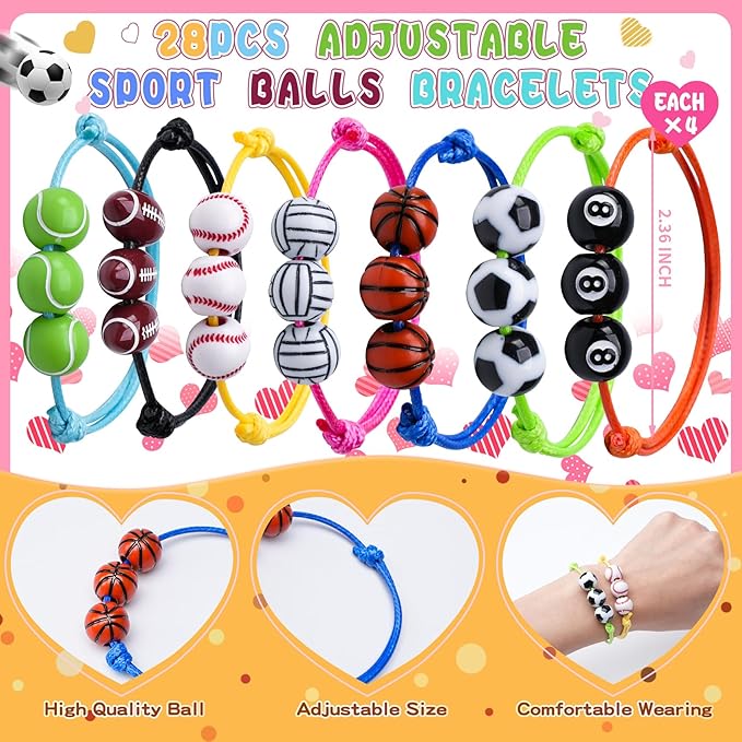 Valentines Day Cards for Kids School 28 Packs Valentines Day Gifts for Kids with Adjustable Sports Balls Bracelets Fit Kids Size Valentine School Classroom Prizes Gift Exchange Party Favors