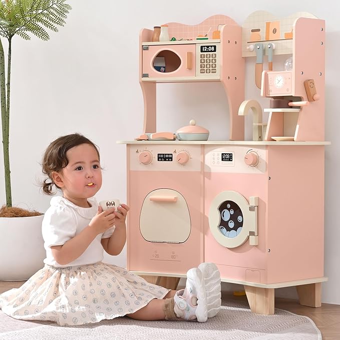 Wooden Play Kitchen Toy Set for Kids, Toddlers Pretend Toy Kitchen Playest, Sink with Faucet, Oven, Microwave, Cookware Accessories & Gifts for Age 1-6