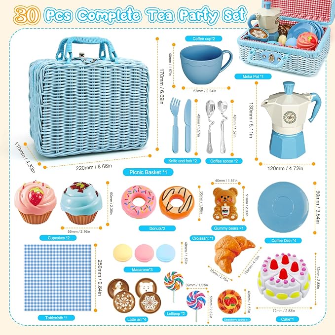 Tea Party Set for Little Girls, 30 Pcs Picnic Basket Set with Carry Case, Teapot, Tea Cup, Dessert & Table Cloth, Pretend Play Toy Gifts for Kids 4 5 6 Year Old (Blue)…