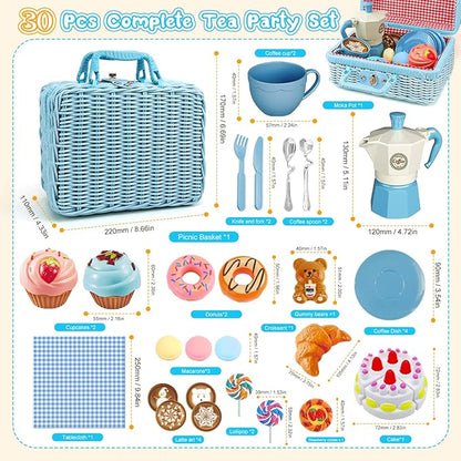 Tea Party Set for Little Girls, 30 Pcs Picnic Basket Set with Carry Case, Teapot, Tea Cup, Dessert & Table Cloth, Pretend Play Toy Gifts for Kids 4 5 6 Year Old (Blue)…