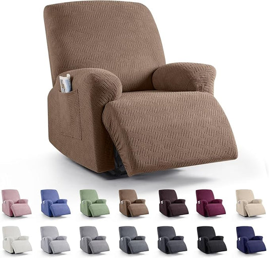 KinCam Oversized Recliner Chair Covers, Stretch Reclining Chair Covers for Large Recliner, Stripe Jacquard Recliner Covers Furniture Protector Covers with Elastic Bottom for Kids, Pets (Light Coffee)