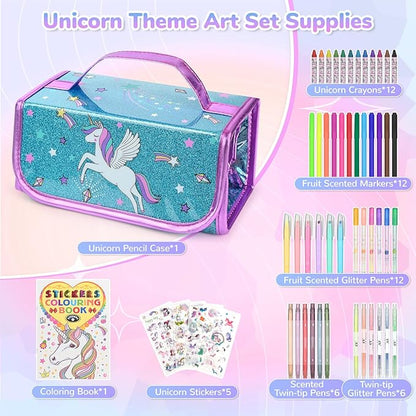 Washable Scented Markers Set for Kids - Unicorn Coloring Art Supplies Set for Kids Ages 4-8 Bithday Gifts for 4-8 Year Old girls Unicorn Pencil Case 54 PCS