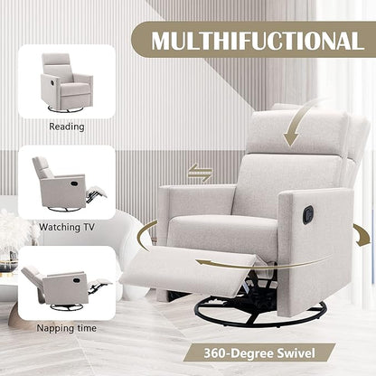 Merax Modern Modern Soft Linen Swivel Push Back Rocker Recliner w/Headsupport Adjustable Nursery Glider Chair for Living Room, Bedroom Tan