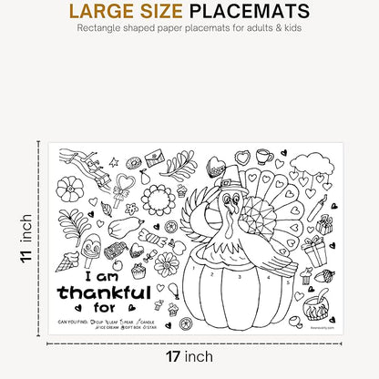 4E's Novelty Thanksgiving Placemat Activity Kids Coloring Placemats for Kids & Adults, 11x17 Paper Disposable Placemats Crafts Bulk, 12 Pack, Thankful Activities for Family Dinner Table