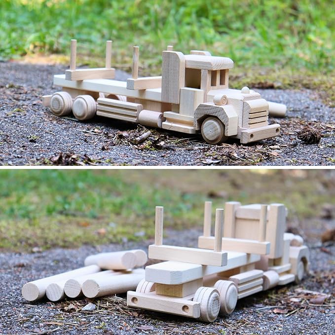 Wood DIY Car Toys - Retro Logging American Truck with Cargo - Paintable Educational Toys for Kids Ages 3+ Wooden Toys for Childrens & Adults - Paint Your own Truck