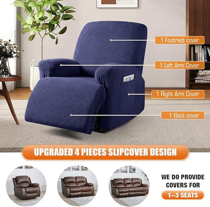 VANSOFY Oversized Recliner Chair Cover, 4-Pieces Stretch Recliner Covers for Recliner Chair Soft Reclining Chair Slipcover Jacquard Pattern Furniture Protector for Dogs Cats(Navy Blue)